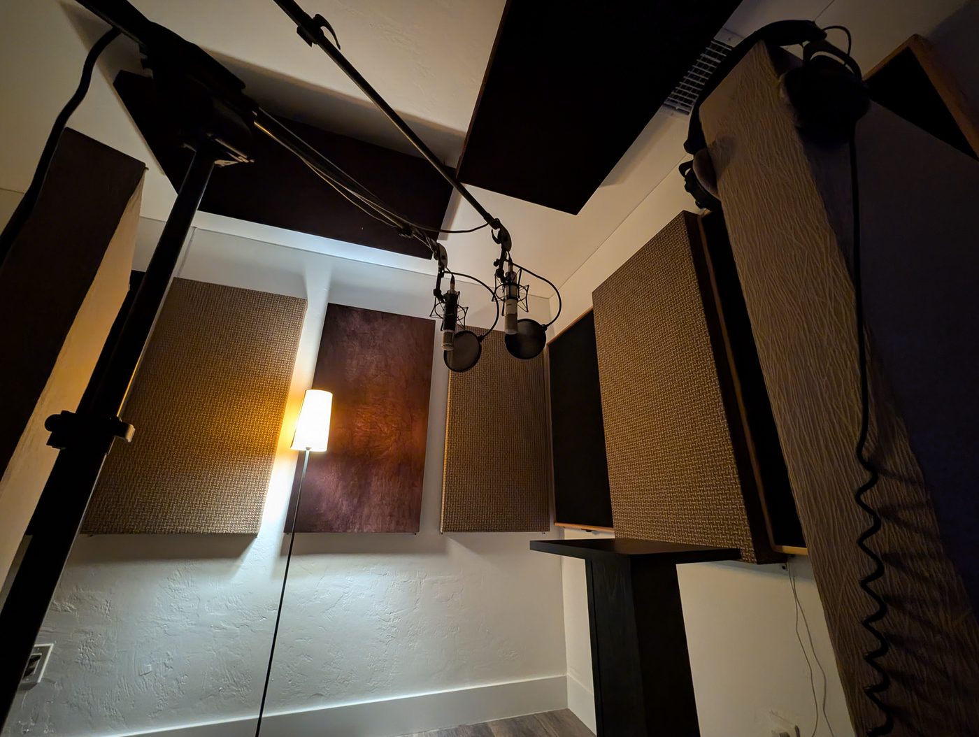Vocal recording booth with dual microphones at Echo's Miami studio