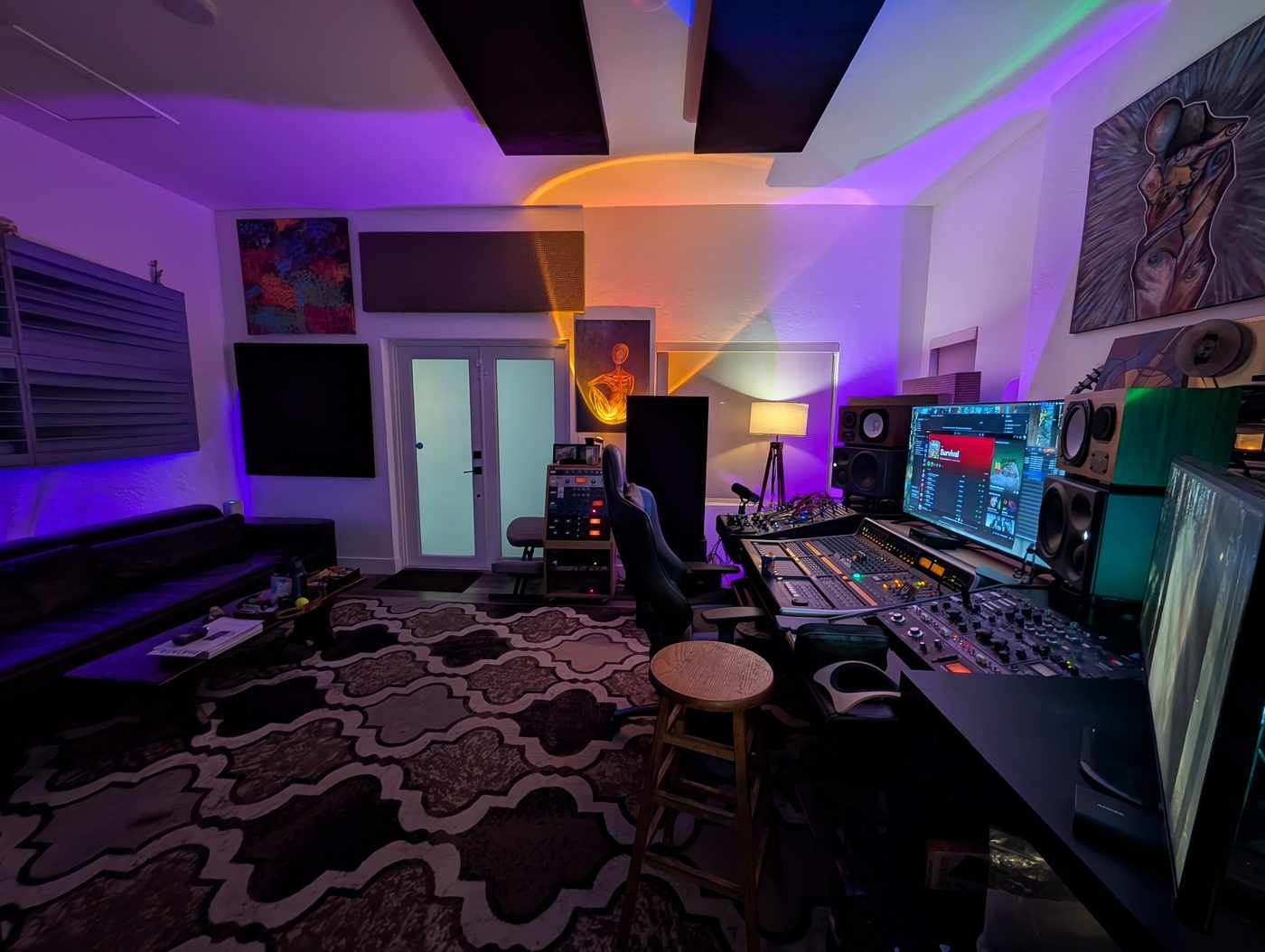 Acoustic treatment and ambient lighting in Echo's Miami recording studio