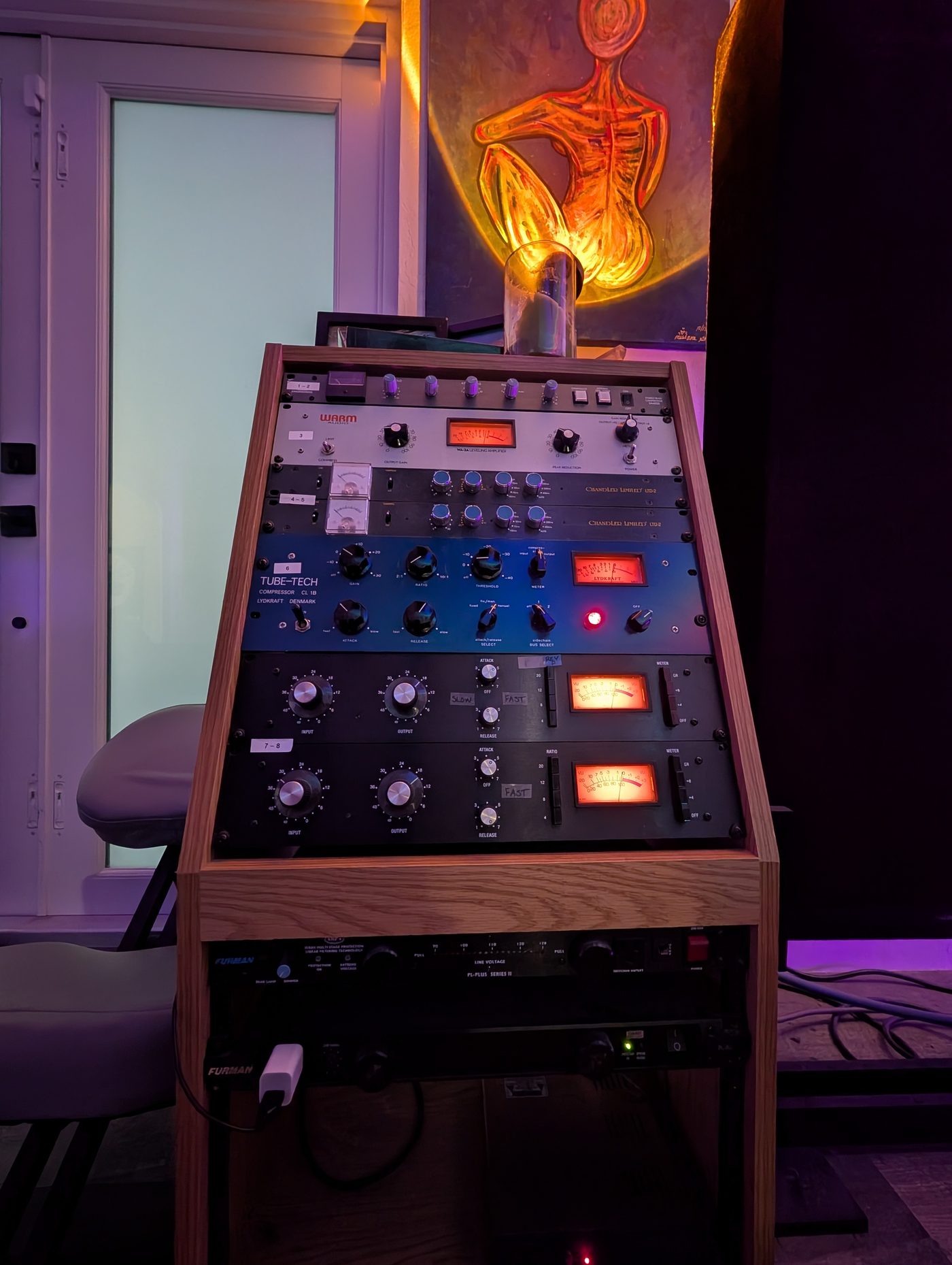 Outboard gear rack featuring Warm Audio, Chandler Limited, and Tube-Tech compressors